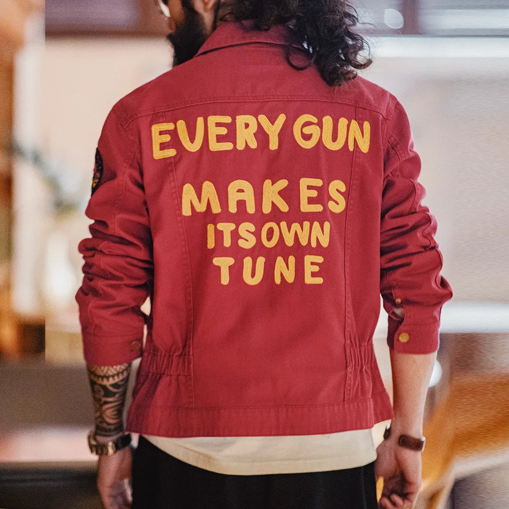 Maden New Vintage Heavy-Duty Letter Embroidered 12MJZ Jacket Red Slim-Fit Canvas Lapel Coat Men's Spring Zip-Up Casual Outerwear