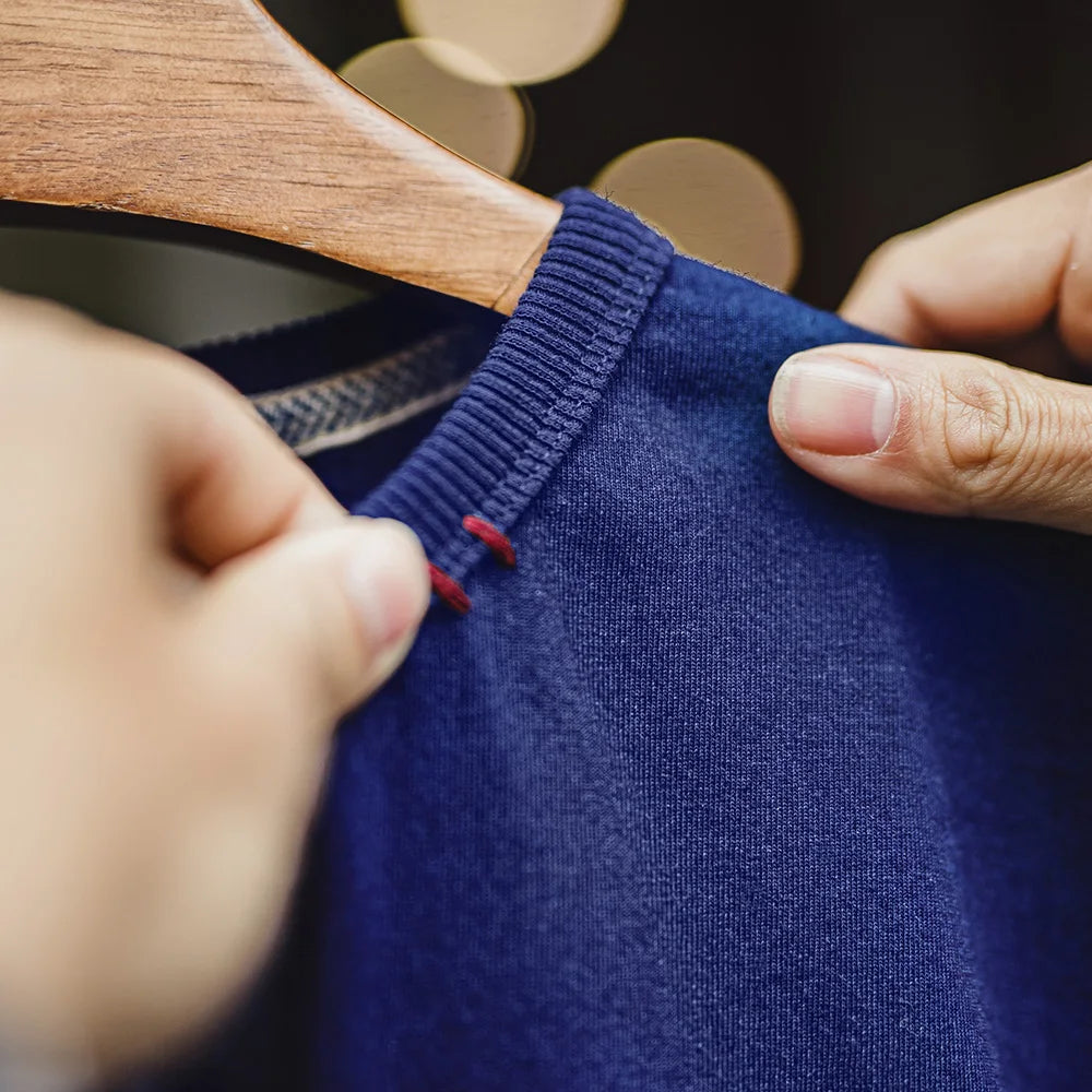 Maden Vintage Indigo Dyed Denim Pocket Patchwork T-Shirt Men's Heavyweight Cotton Short Sleeves Tee Breathable Crew Neck Tops