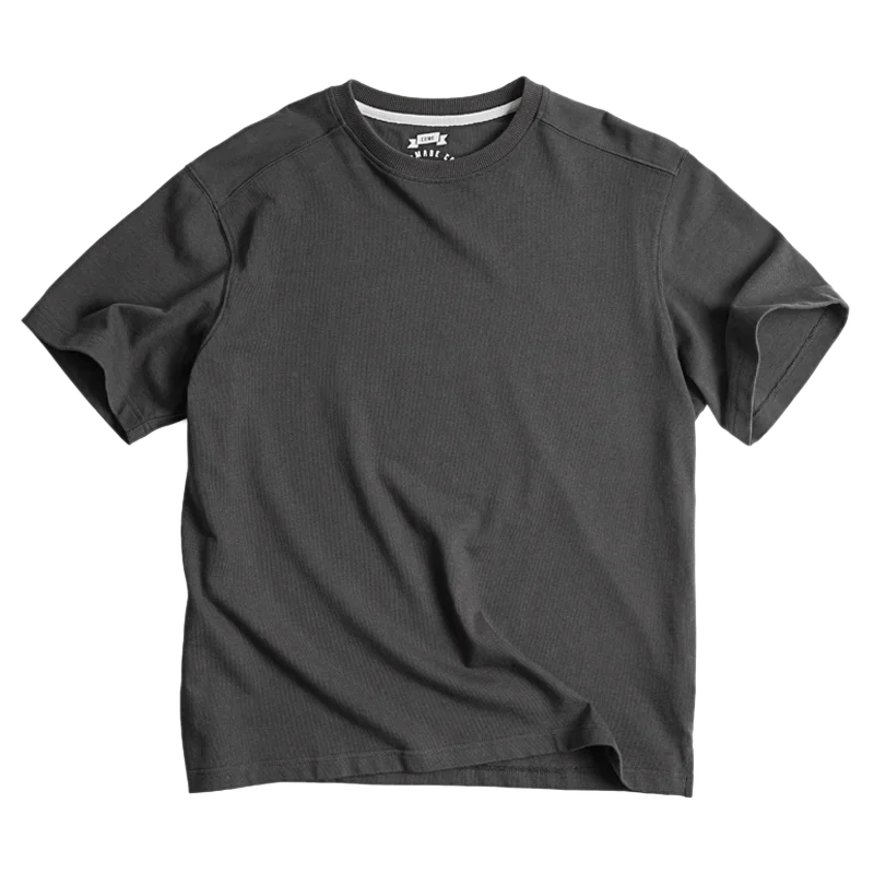 Maden Solid Color 100% Cotton Short Sleeve T-shirt for Men Ribbed O-Neck Casual Loose Fit Tees Summer Dark Gray Versatile Tops