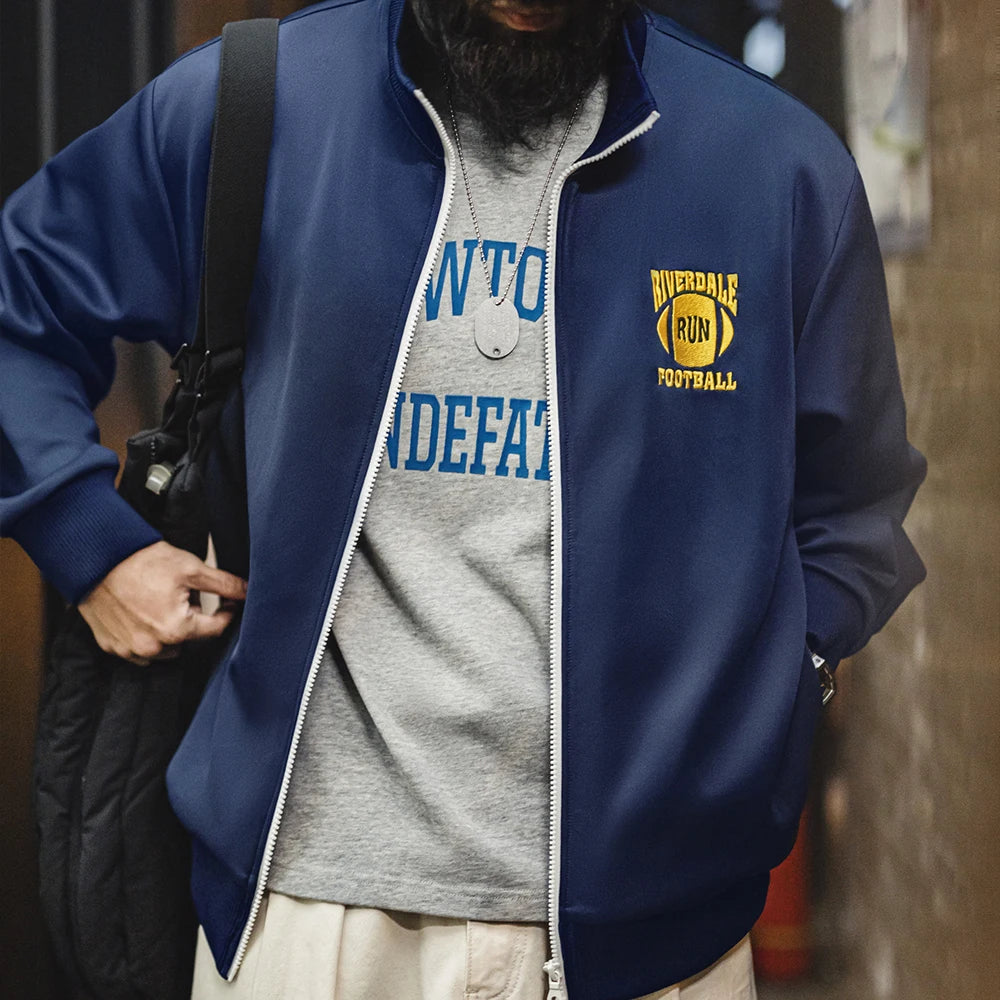 Maden Casual College Style Color-Block Embroidered Jacket Men's Spring Stand Collar Loose Fit Coat Zip-Up Retro Hoodie Cardigan