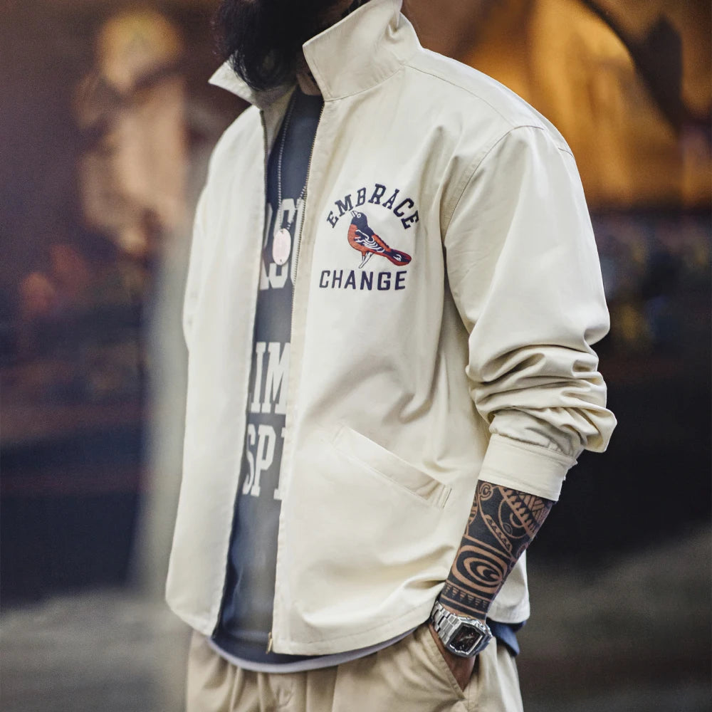 Maden New Vintage Embroidered Stadium Jacket Men's Spring Loose Fit Notch Lapel Zip-Up Outerwear Casual Cream Apricot Streetwear