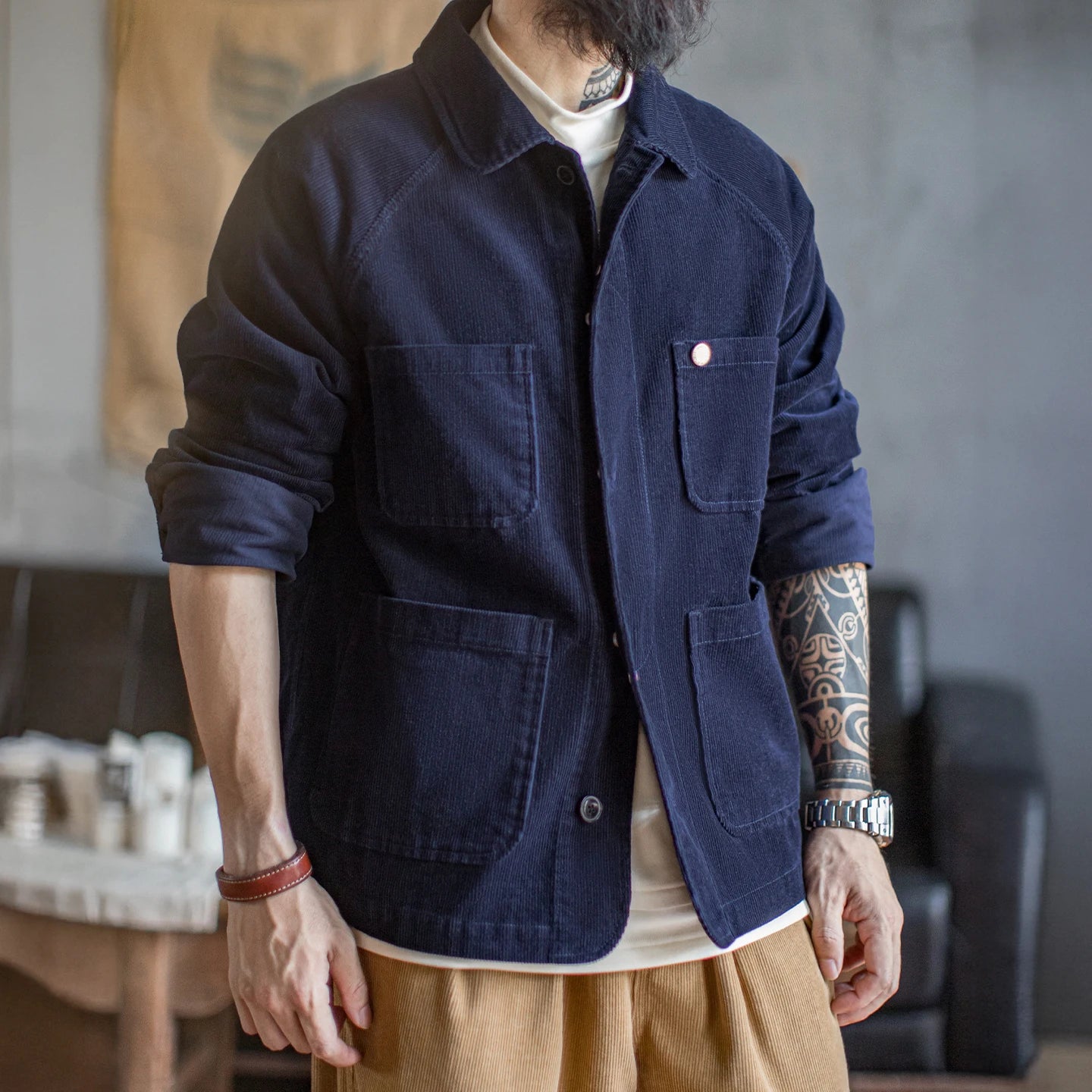 Maden Men's Vintage Corduroy Safari Jacket Navy Blue Lightweight Hunting Coat with 4 Pockets Single-Breasted Spring Fall Outwear