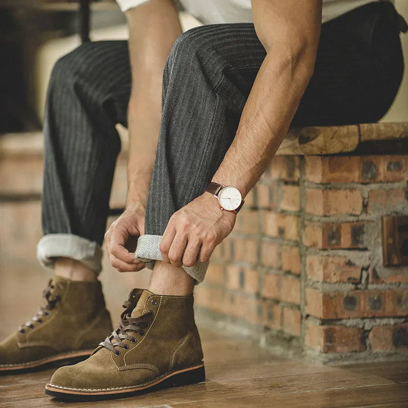 Maden Retro 12.8oz Grey Striped Jeans Straight Fit Zip Fly with Pockets Versatile Herringbone Trousers for Men's Spring and Fall