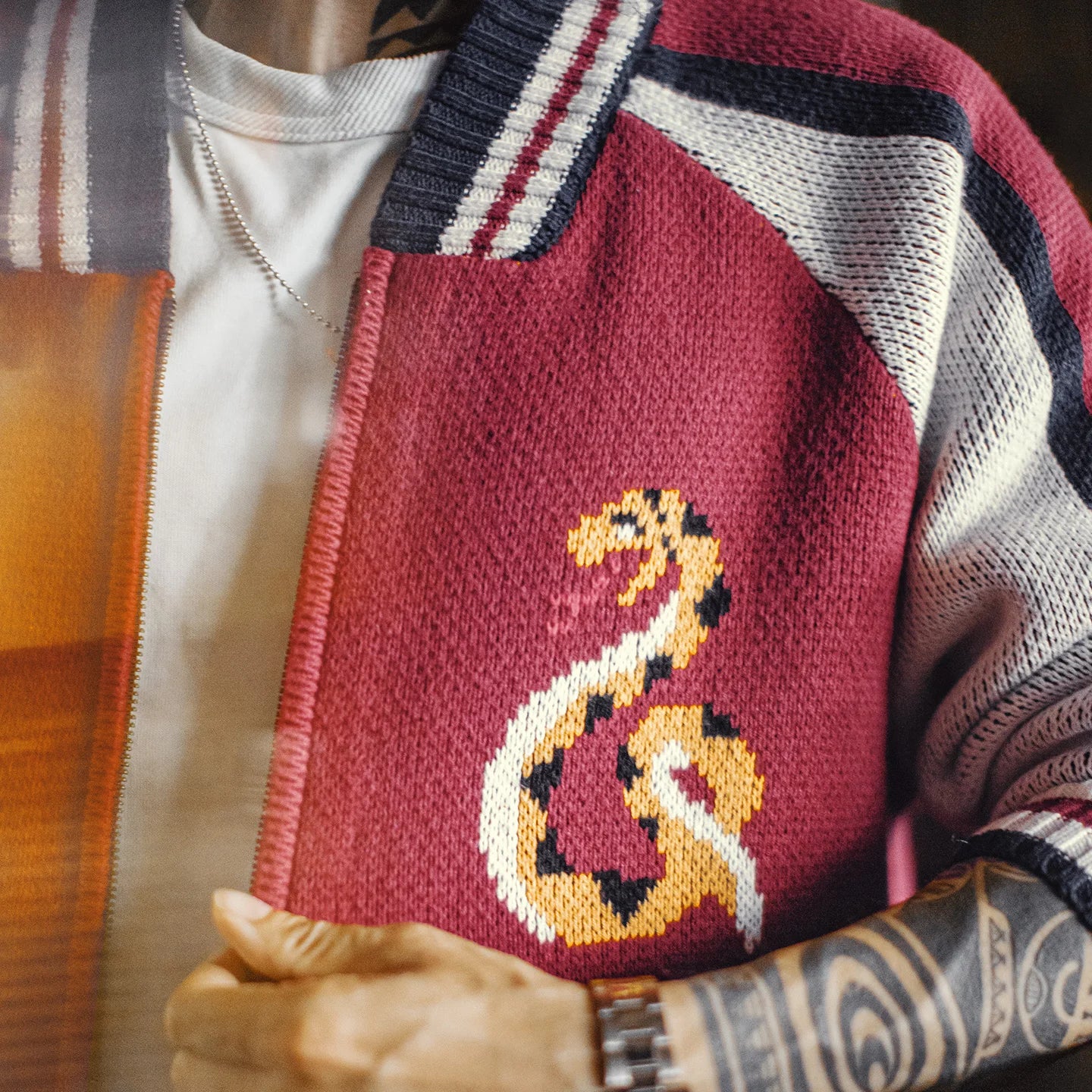 Maden Vintage Yokosuka Embroidered Jacket Men's Jacquard Knitted Cardigan Thickened Warm Zippered Baseball Coat for Fall Winter