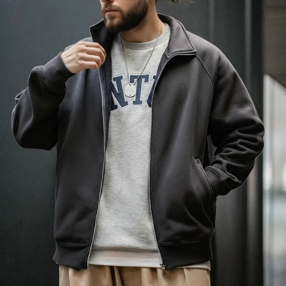 Maden Casual Polar Fleece Cardigan Sweatshirt Stand-up Collar Sports Zipper Jacket Warm Versatile Coat for Men's Fall and Winter