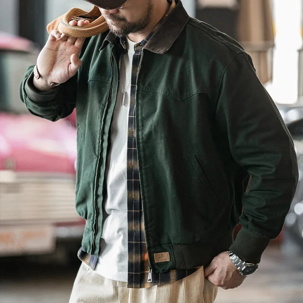 Maden Retro Heavyweight Santafe Canvas Jackets Cotton Corduroy Lapel Ribbed Hem Cuffs Short Jacket for Men's Autumn Overcoat