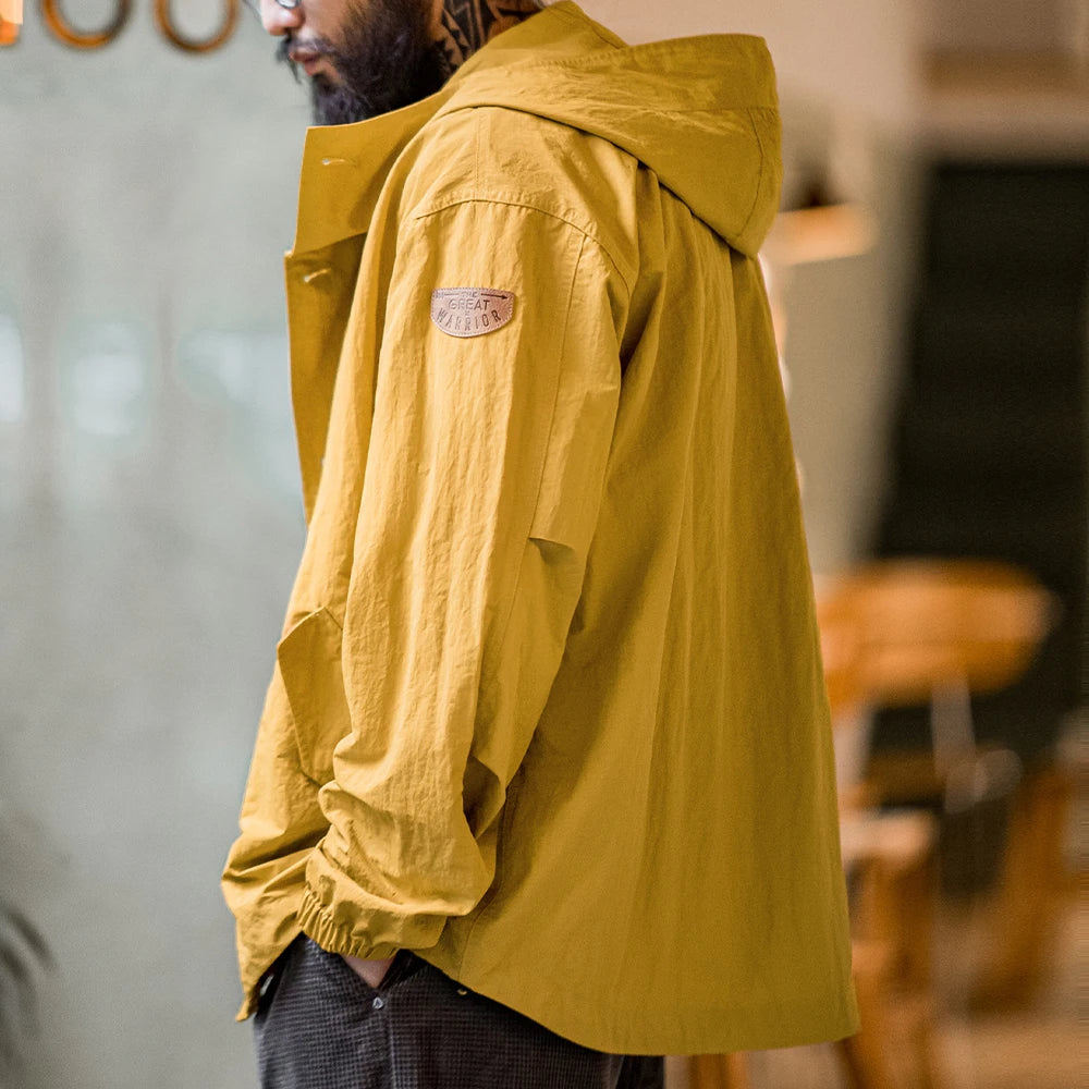 Maden Vintage Solid Color Thin Hooded Jacket Outdoor Loose Single-Breasted Coat Men's All-Match Outerwear for Autumn and Winter