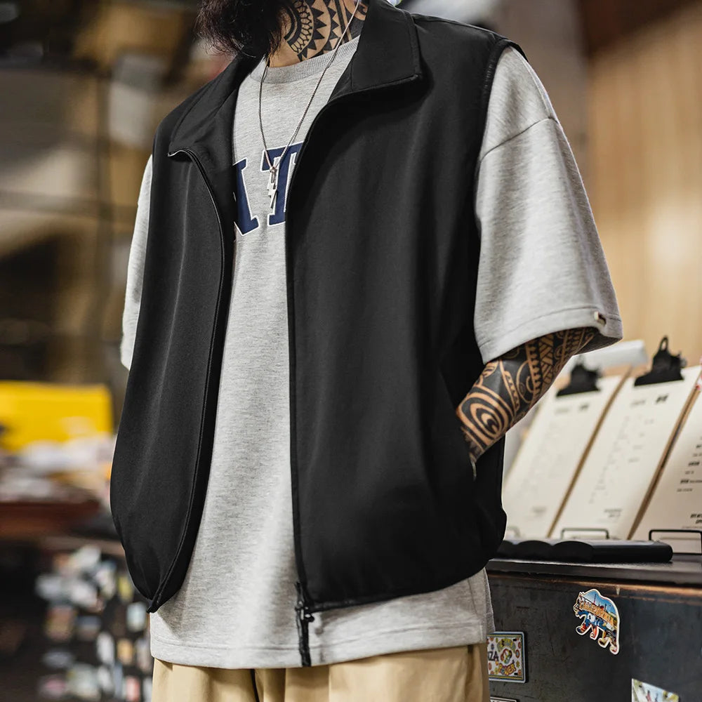 Maden Outdoor Men's Stand Collar Zip-Up Vest Lightweight Black Quick Dry Camping Fishing Waistcoat for Summer Sleeveless Jacket