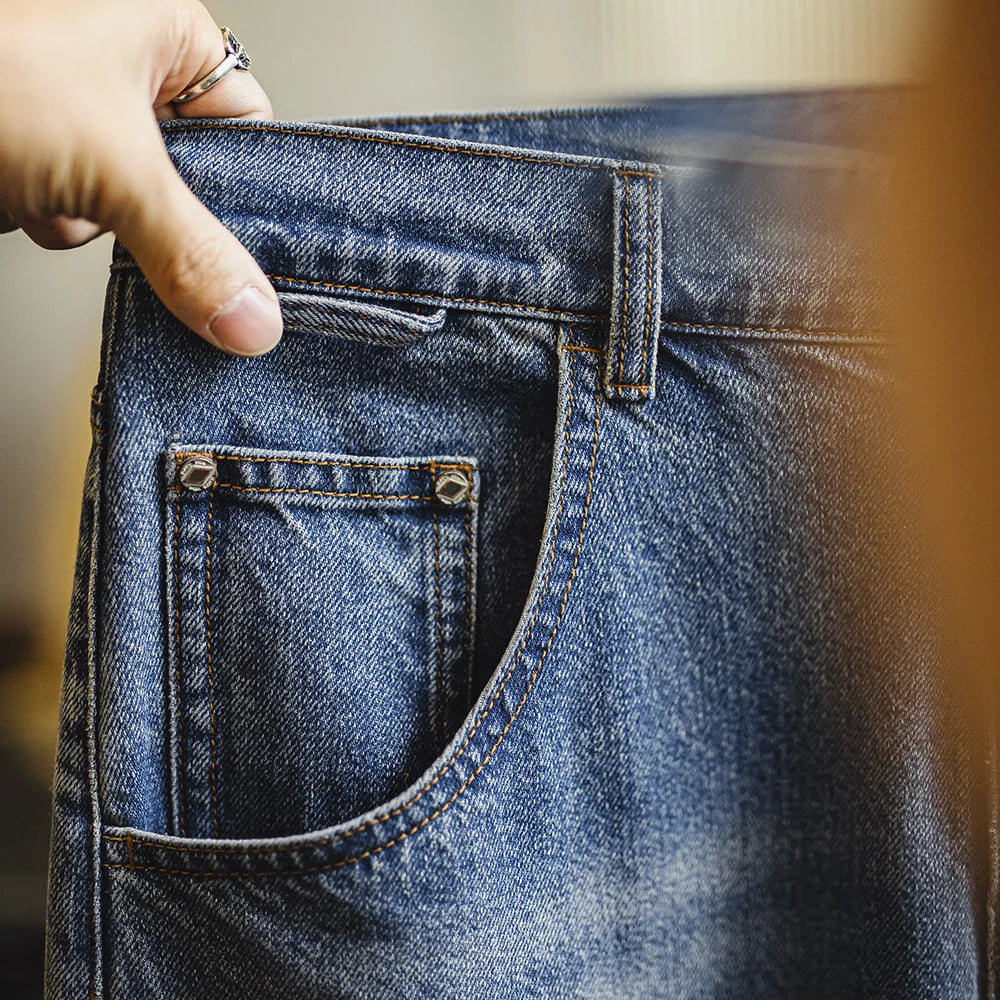 Maden Men's 12.6oz Washed Denim Jeans Large-Size Straight Cotton Jeans with Retro Cat Whiskers Jeans for Spring Versatile Pants