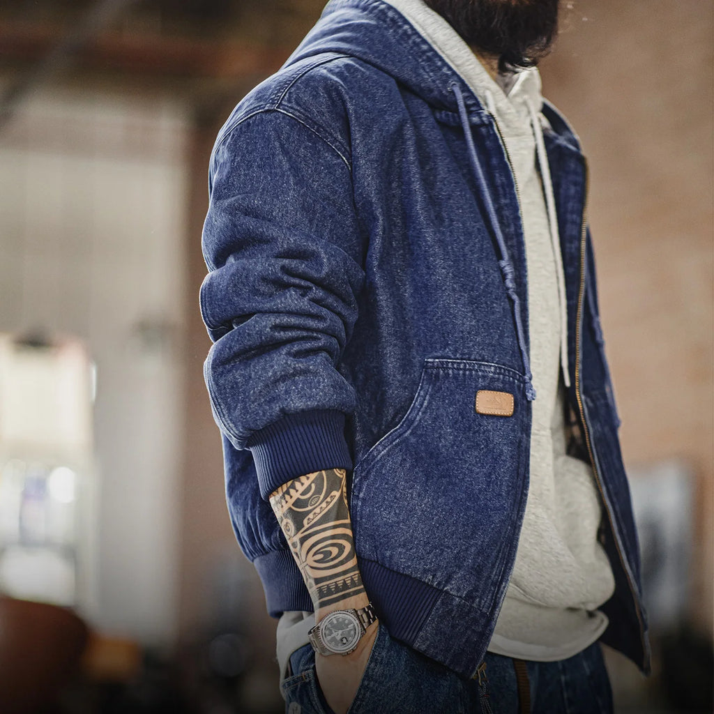 Maden Retro Men's J130 10.5oz Denim Jacket Heavyweight Washed Aged Hooded Jacket Zipper Work Coat with Large Pockets for Fall