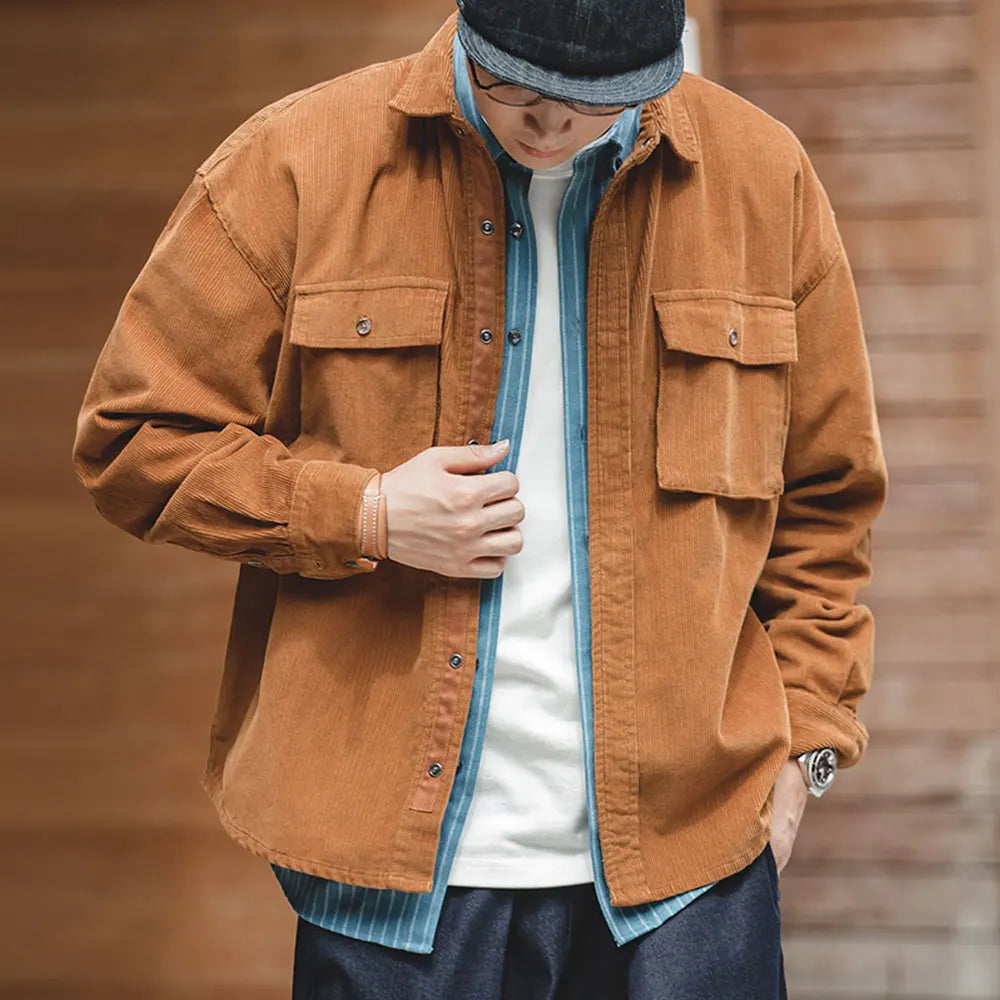 Maden Japanese Retro Loose Jacket Corduroy Lapel Antique Handsome Outer Pocket Thin Shirt Men Autumn