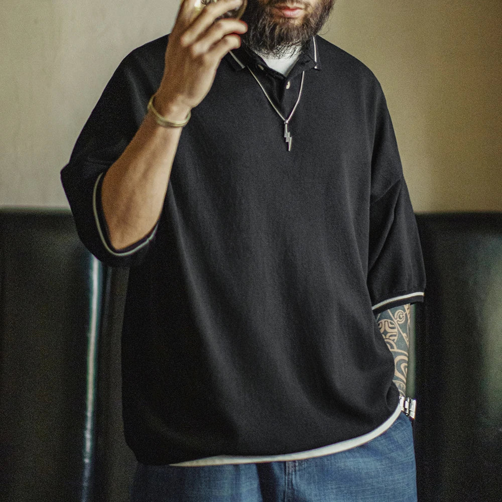 Maden Casual Color-Block Striped Short Sleeve Polo Shirt Men's Summer Black Tee Loose Fit Business Tee Breathable Office Tops