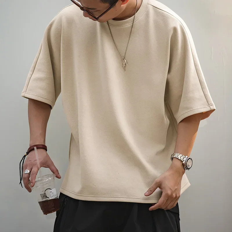 Maden Solid Color Cotton T-shirts for Men Summer Loose Heavyweight Vintage Brethable Short-sleeved Tee Trendy Gray Tops O-Neck