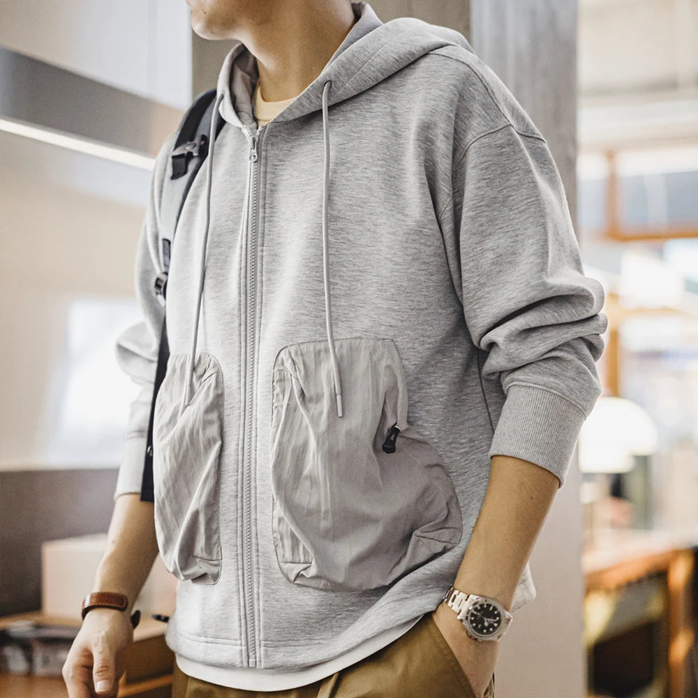 Maden Casual Patchwork Pocket Hooded Zip-up Sweatshirt Jacket Gray Versatile Outerwear for Men's Autumn and Winter Sports Coat