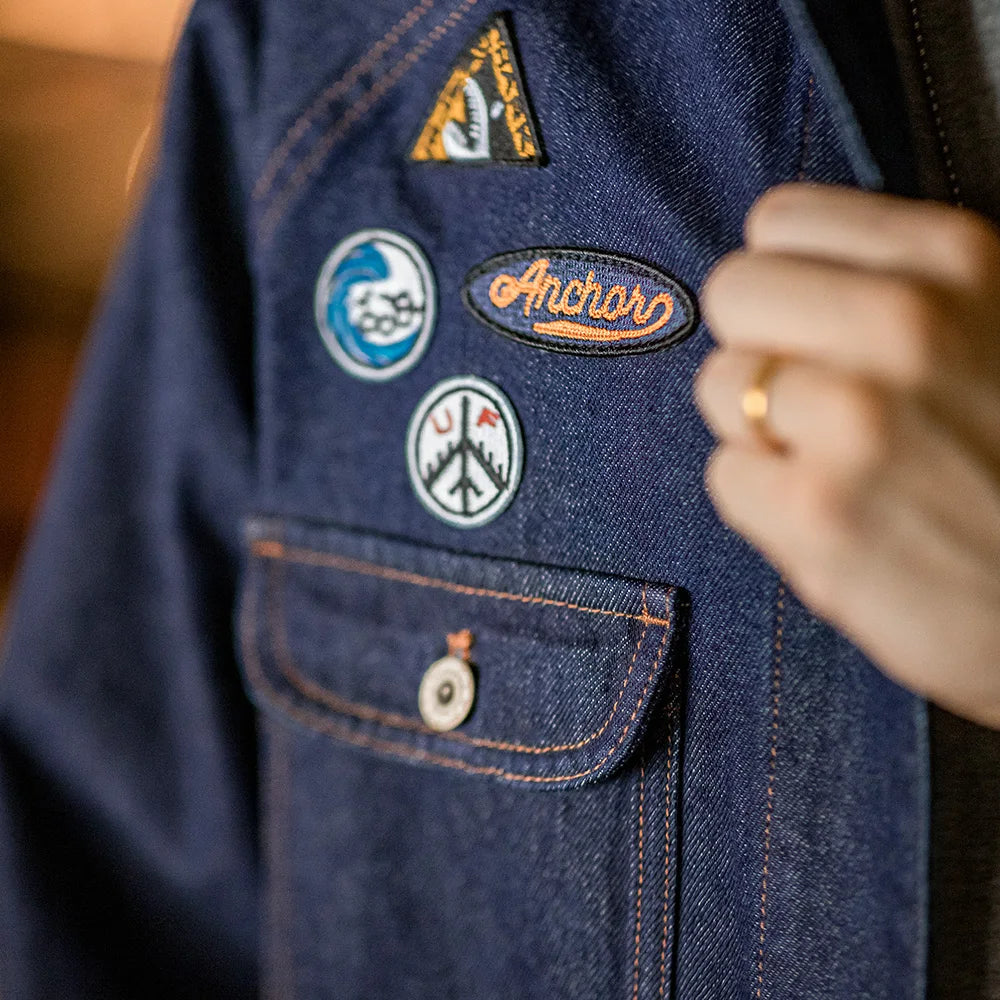 Maden Vintage Embroidered Badge 12.8oz Heavyweight Denim Jacket Washed Lapel Casual Outerwear for Men Spring and Fall Chore Coat