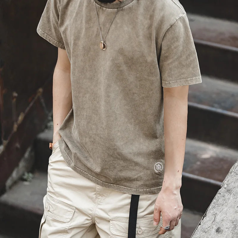 Maden Vintage Distressed Batik Short Sleeves T-Shirt Men's Summer Washed Cotton Loose Fit Crew Neck Tee Casual Embroidery Tops