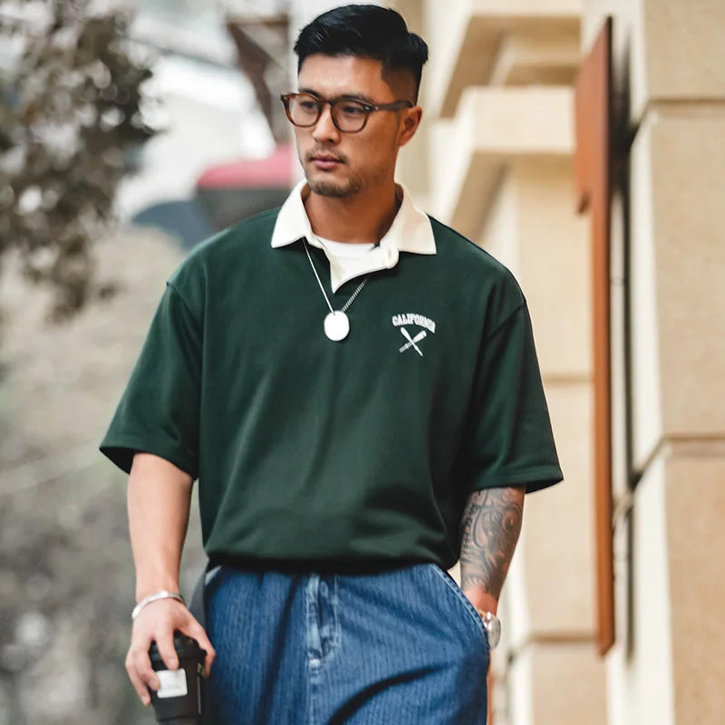 Maden Contrasting Color Short Sleeve T-shirts for Men Summer Green Loose Fit Polo Shirt Casual Embroidery Tee Tops for Daily