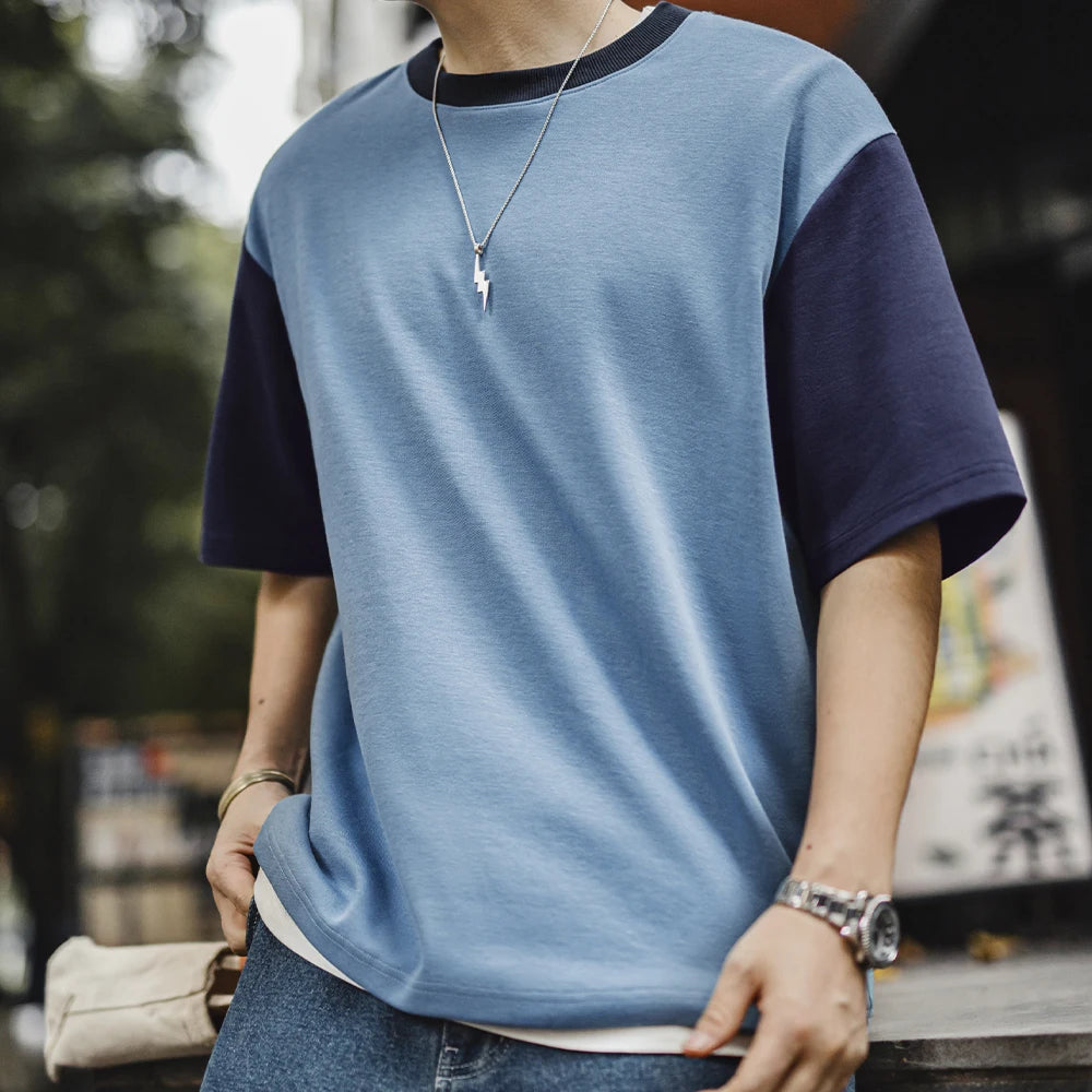 Maden Vintage Color-Block Short Sleeve T-Shirt Men's Summer Loose Fit Ribbed Crew Neck Tee Casual Street Tops for Daily Outfits