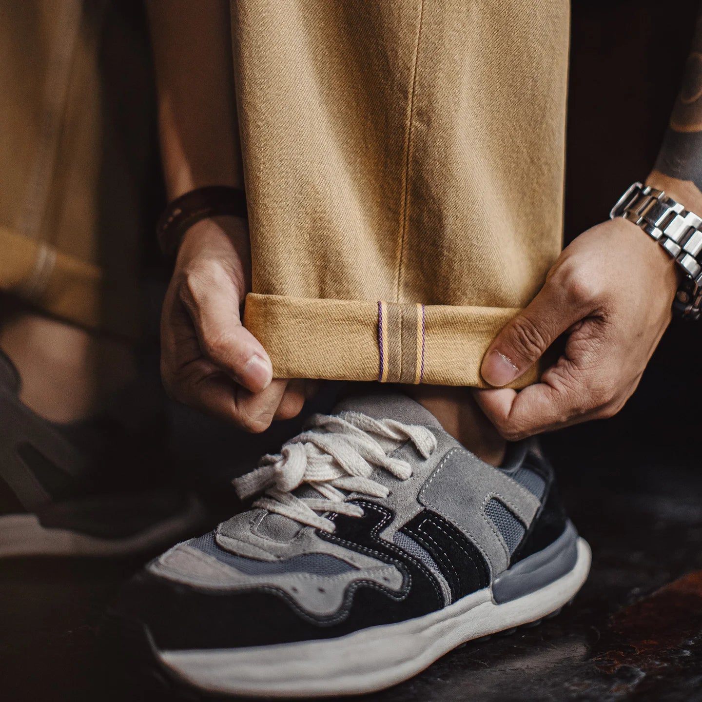 Maden Men‘s Vintage 13.8oz Washed Selvedge Denim Jeans Khaki Chino Tapered Loose Fit Pants Casual Trousers for Spring Autumn