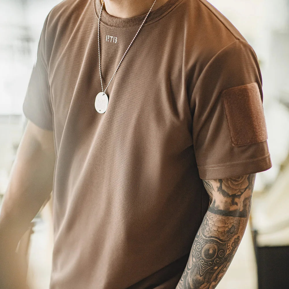 Maden Men's Short Sleeve T-Shirts with Badge attaching Design Breathable Sweat wicking Training Tees Casual Tops for Summer