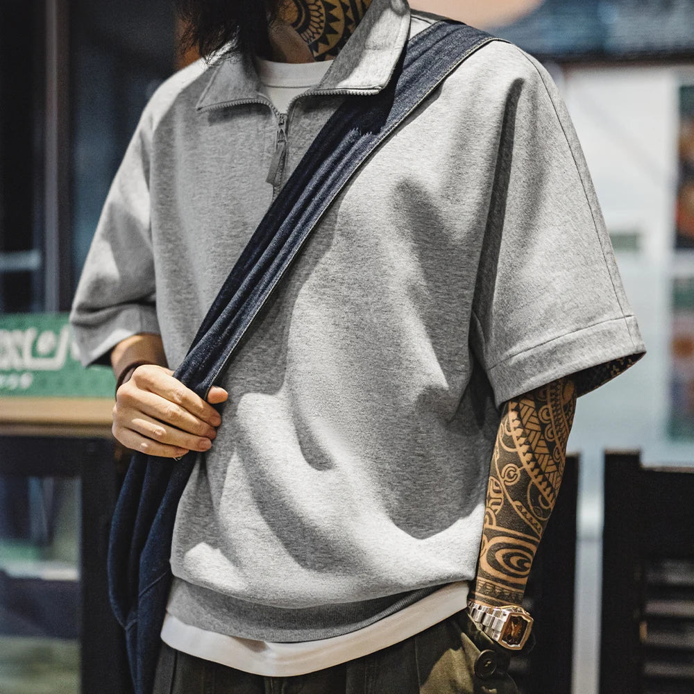 Maden Vintage Boro Style Half-Zip Short Sleeve Polo Shirt Men's Summer Indigo Dyed Printed Loose Collar T-Shirt Casual Gray Tops