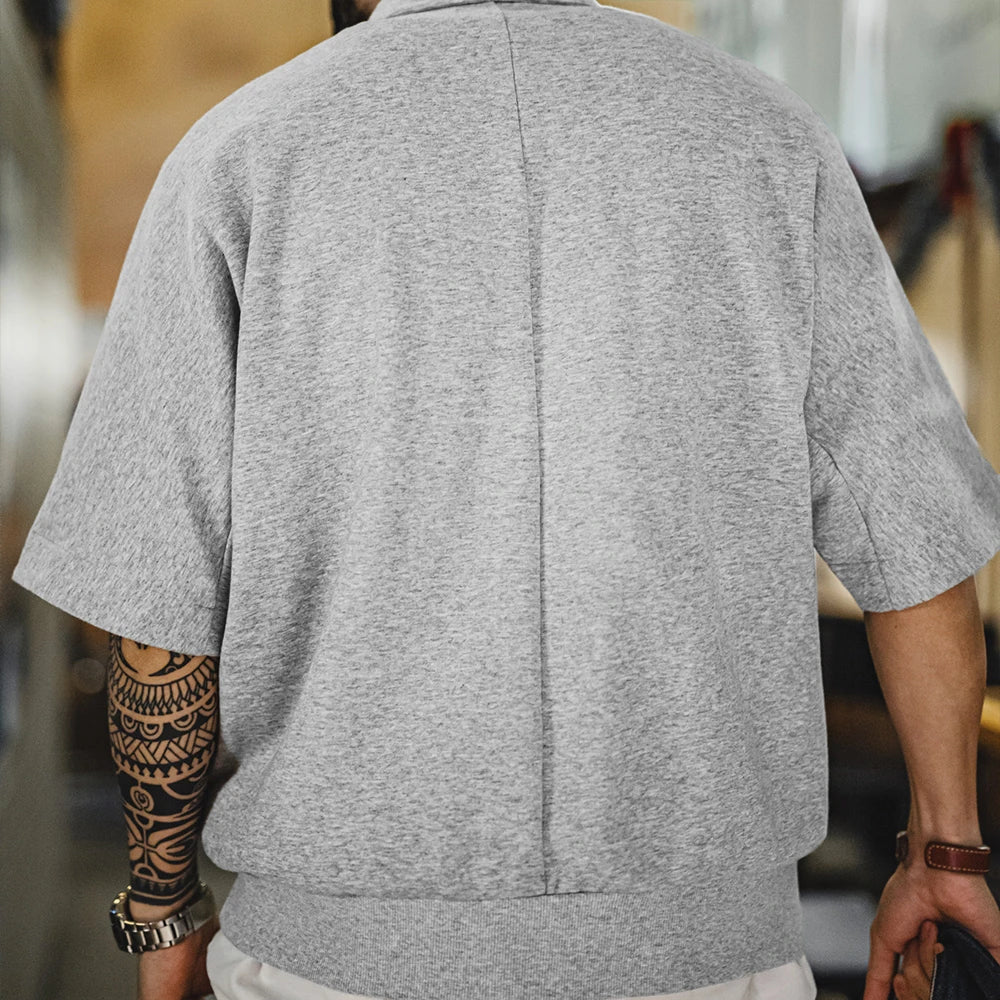 Maden Vintage Boro Style Half-Zip Short Sleeve Polo Shirt Men's Summer Indigo Dyed Printed Loose Collar T-Shirt Casual Gray Tops