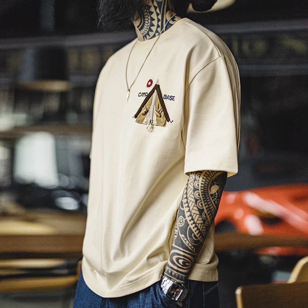 Maden Vintage Embroidered Patchwork Short Sleeves T-Shirt Men's Heavyweight Loose Cotton Tee Ribbed Crew Neck Retro Casual Tops