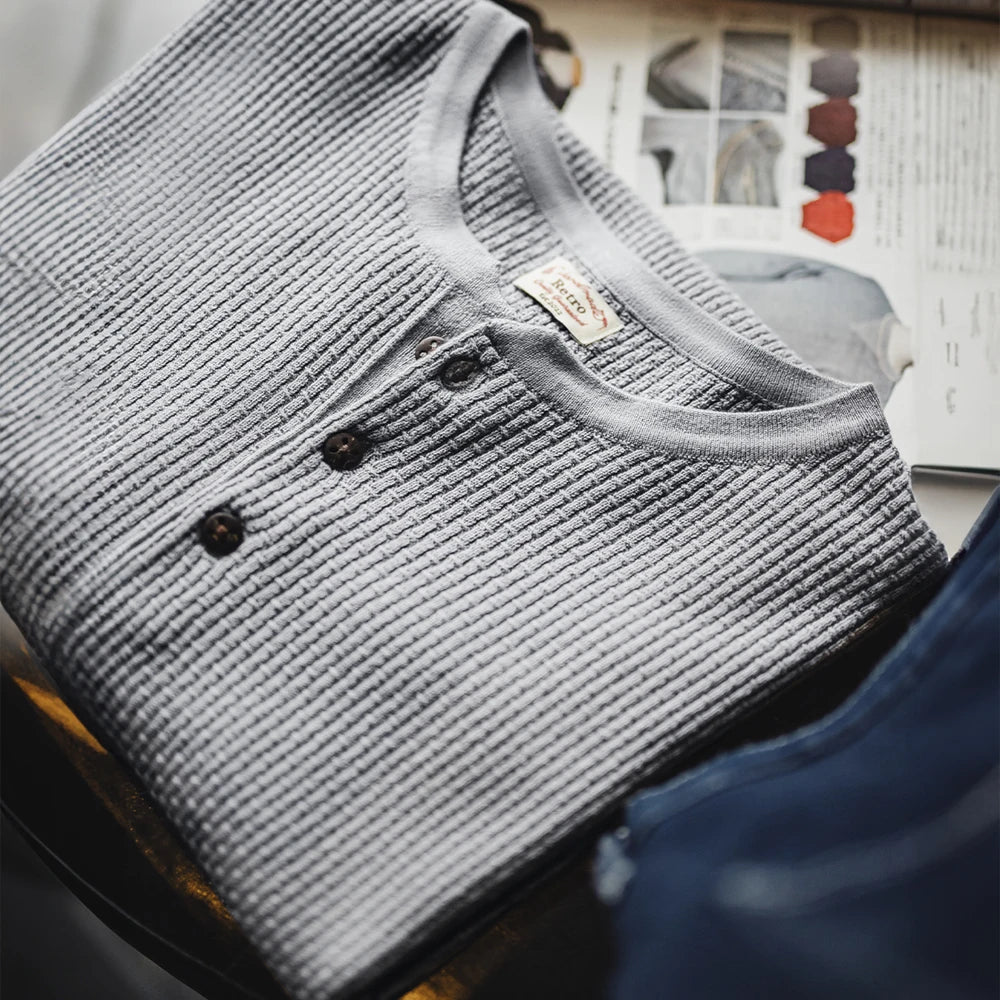 Maden Vintage Boro Style Short Sleeve Henley Shirt Men's Summer Gray Loose Fit Tee Knit Casual Street Versatile Ribbed Hem Tops