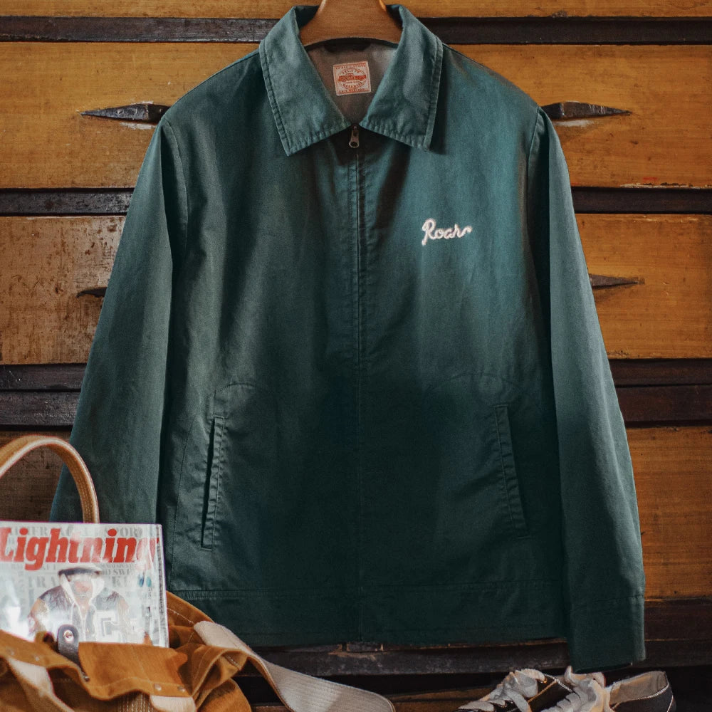 Maden Men's Vintage Tiger Embroidery Jacket Heavyweight Cotton Zip-Up with Lapel Collar Green Casual Overcoat for Spring Fall