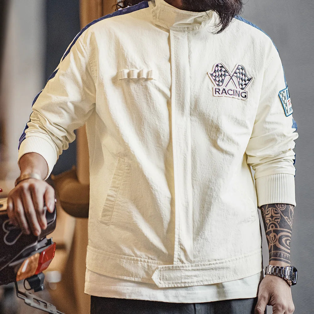 Maden Vintage Color Blocked Embroidered Racing Jacket Casual Baseball Collar Jacket Men's Spring Versatile Zip-up Outerwear