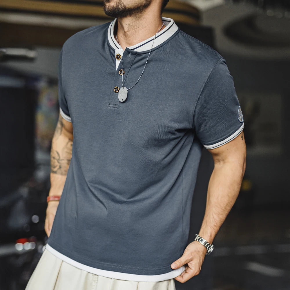 Maden Men's Vintage Baseball Short Sleeve Henley Shirt Heavyweight Contrast Embroidered Tee 100% Cotton Retro Summer T-shirts