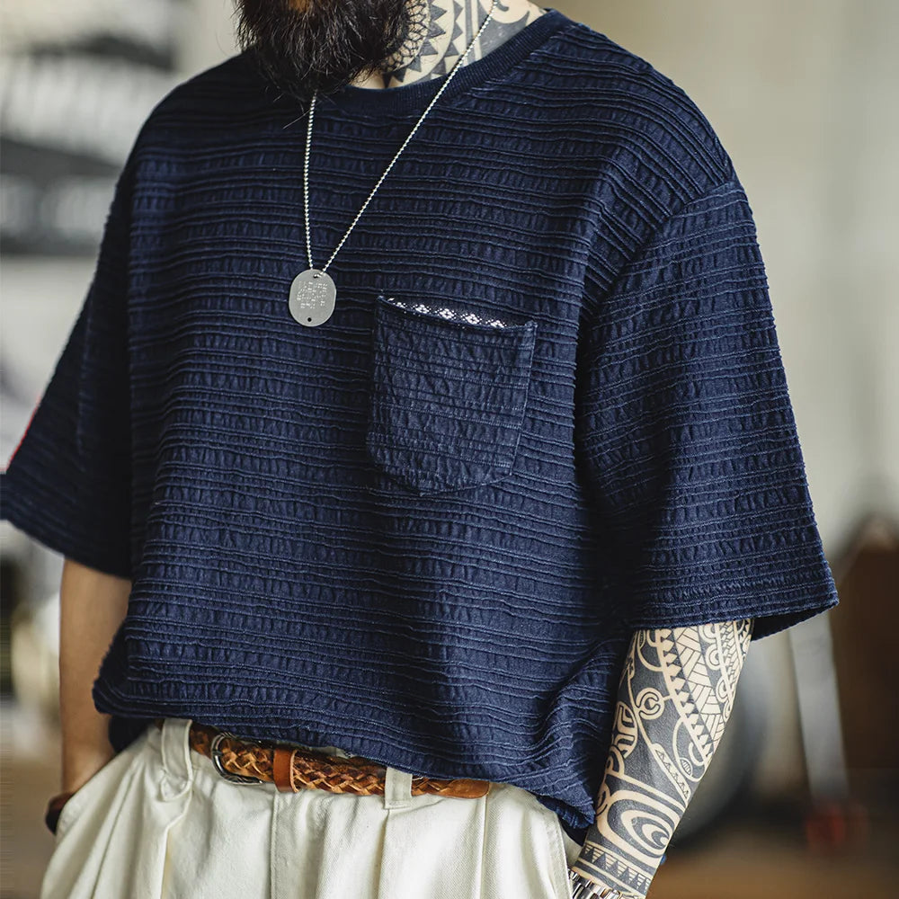 Maden Retro Indigo Knitted Jacquard Wave Pattern Textured T-shirt Loose Fit Solid Color Short-sleeved Tee for Men's Summer Tops