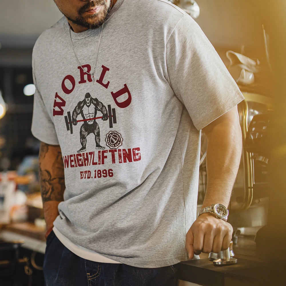 Maden New Vintage Flocked Print Short Sleeve T-Shirt Men's Summer Heavyweight Cotton Gray Tee Casual Knit Crew Neck Street Tops