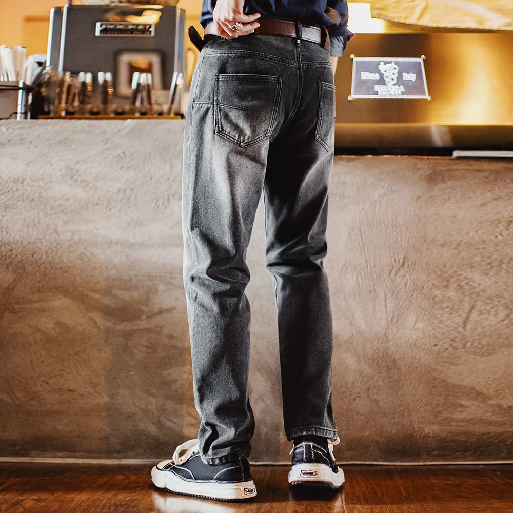 Maden Men's Vintage 13oz Heavyweight Denim Jeans Washed Gray Straight Leg Tapered Pants Casual Trousers for Spring and Fall