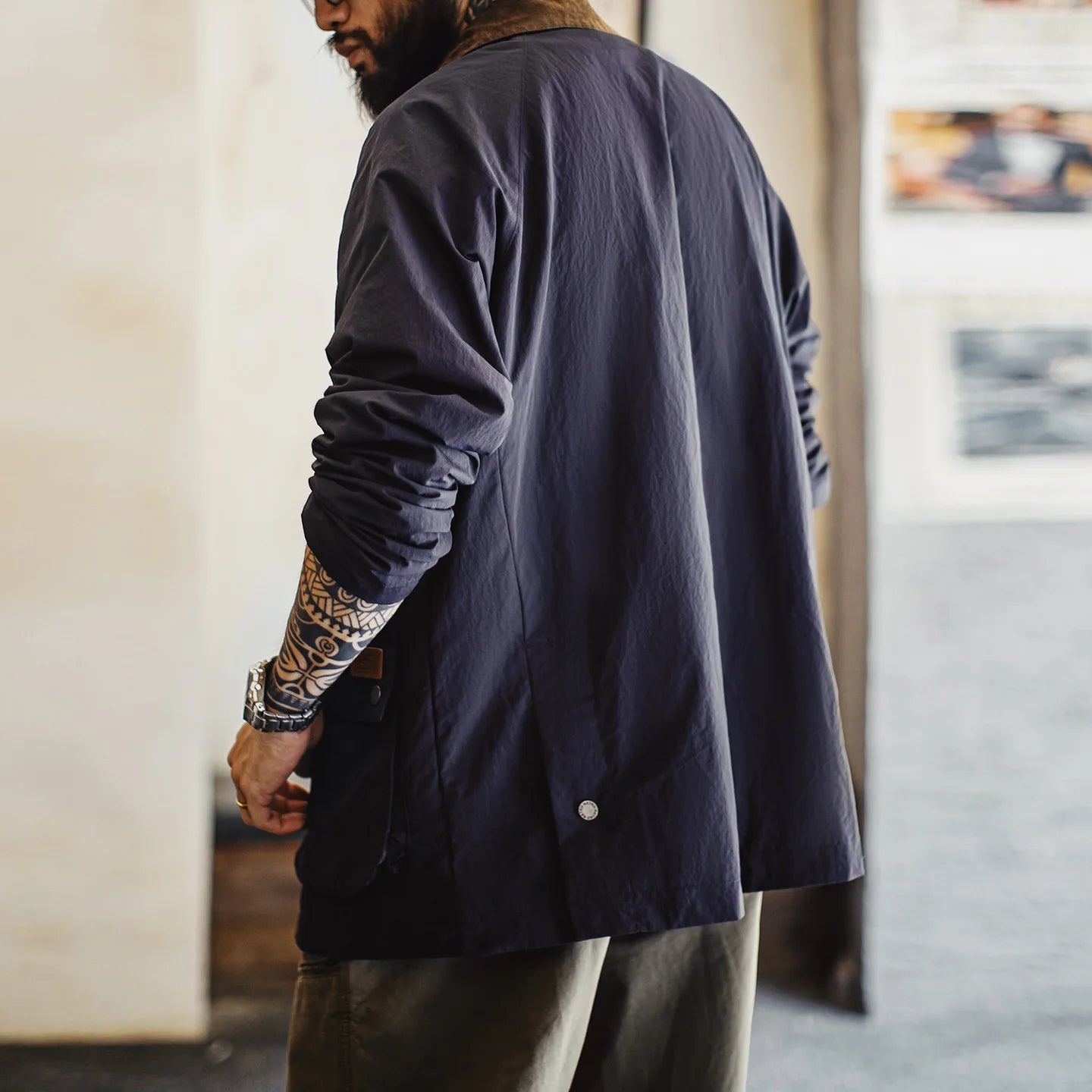 Maden Vintage Men's Blue Safari Jacket Waterproof Hunting Coat Loose Fit Windproof Contrast Collar Windbreak  for Spring Fall