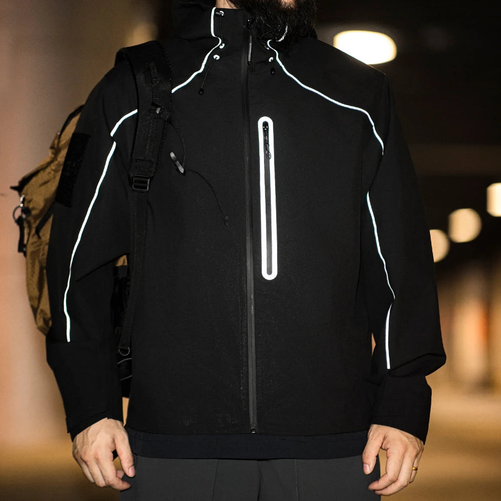 Maden Casual Functional Reflective Jacket Outdoor Wear-resistant Hooded Zipper Coat Waterproof Hiking Jacket for Men's Autumn