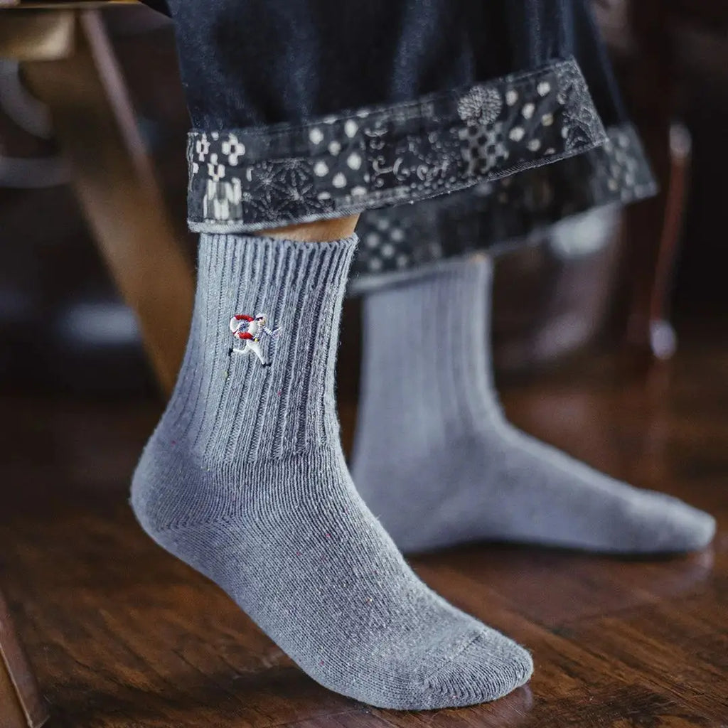 Maden 3Pairs Men‘s Wool Blend Mid-Calf Socks Heather Effect Vintage Embroidered Warm Socks Ribbed Knit Sock for Autumn Winter