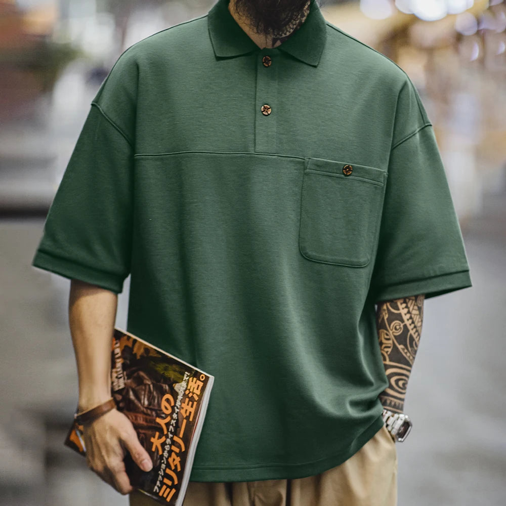 Maden New Vintage Green Lapel Short Sleeve Polo Shirt Men's Summer Loose Fit Casual Pocket Tee Business Casual Versatile T-Shirt