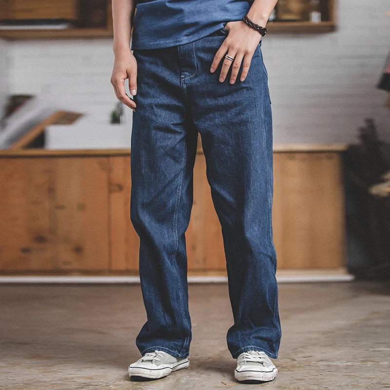 Maden Work Attire Retro Wide Leg Pants Dark Blue Oversize Loose Fitting Straight Tube Denim Long Pants Men