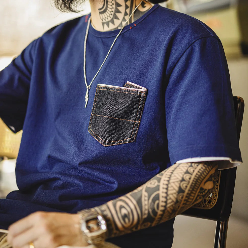 Maden Vintage Indigo Dyed Denim Pocket Patchwork T-Shirt Men's Heavyweight Cotton Short Sleeves Tee Breathable Crew Neck Tops
