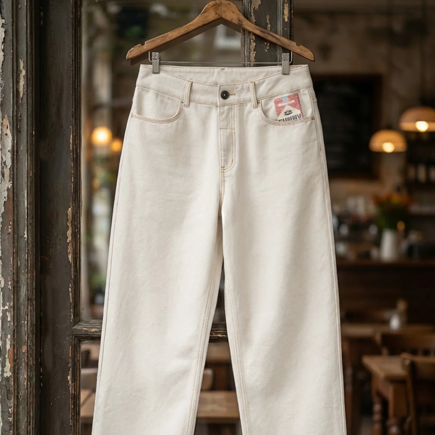 Maden Men's Vintage Heavyweight Washed White Jeans Straight 100% Cotton CleanFit Casual Pants with Zip Fly for Spring and Autumn