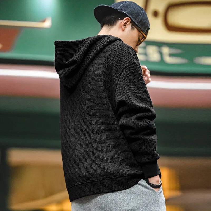 Maden Japanese Vintage Gray Waffle Hoodies for Men Brand Essential Hooded Sweatshirts Amekaji Loose Sport Jacket Jogger Pullover