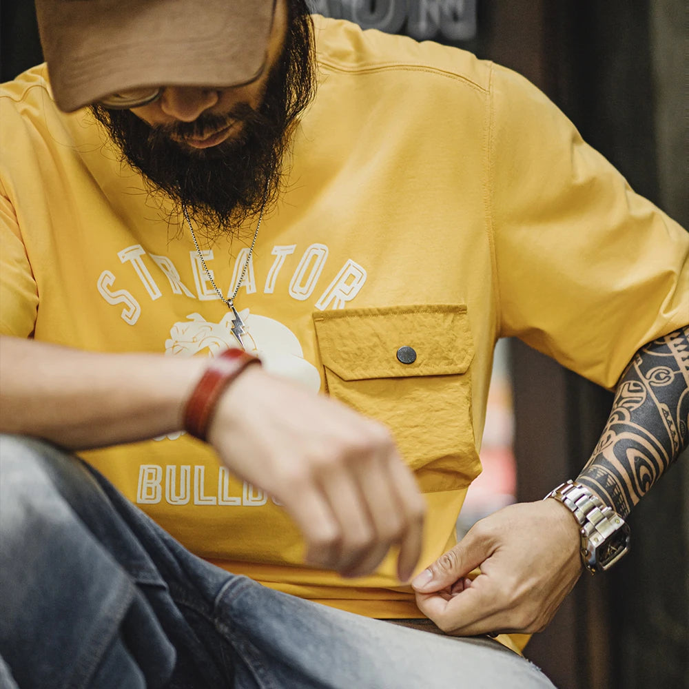 Maden Men's Summer Vintage Flock Print Short Sleeve T-Shirt Loose Fit Yellow Patchwork Pocket Tee Ribbed Crew Neck  Casual Tops