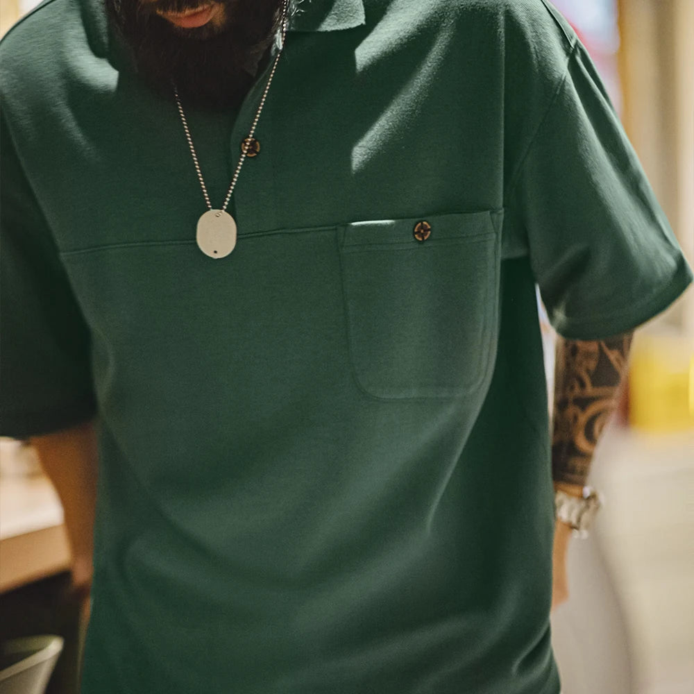 Maden New Vintage Green Lapel Short Sleeve Polo Shirt Men's Summer Loose Fit Casual Pocket Tee Business Casual Versatile T-Shirt