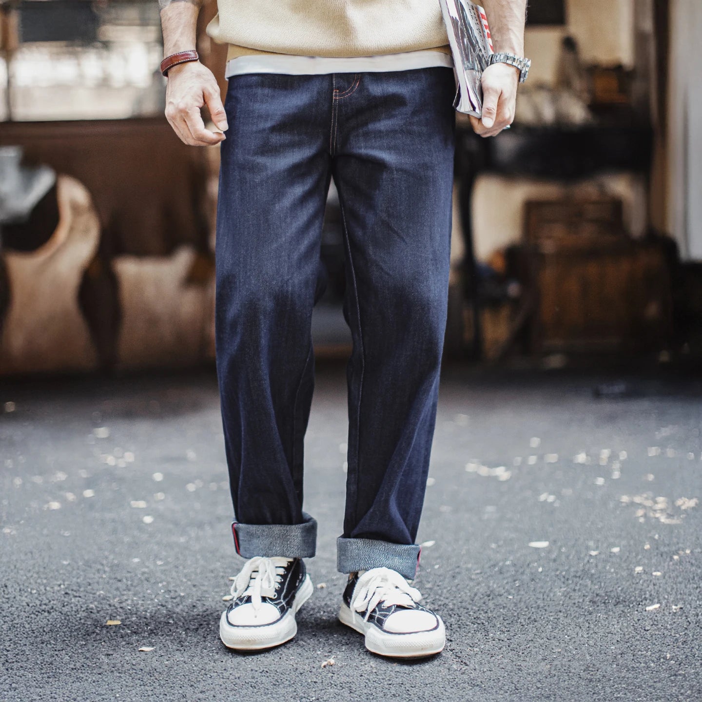 Maden Men's Vintage Selvedge Raw Denim Jeans with Horse Hair Leather Patch 100% Cotton Straight Trousers for Spring Fall Pants