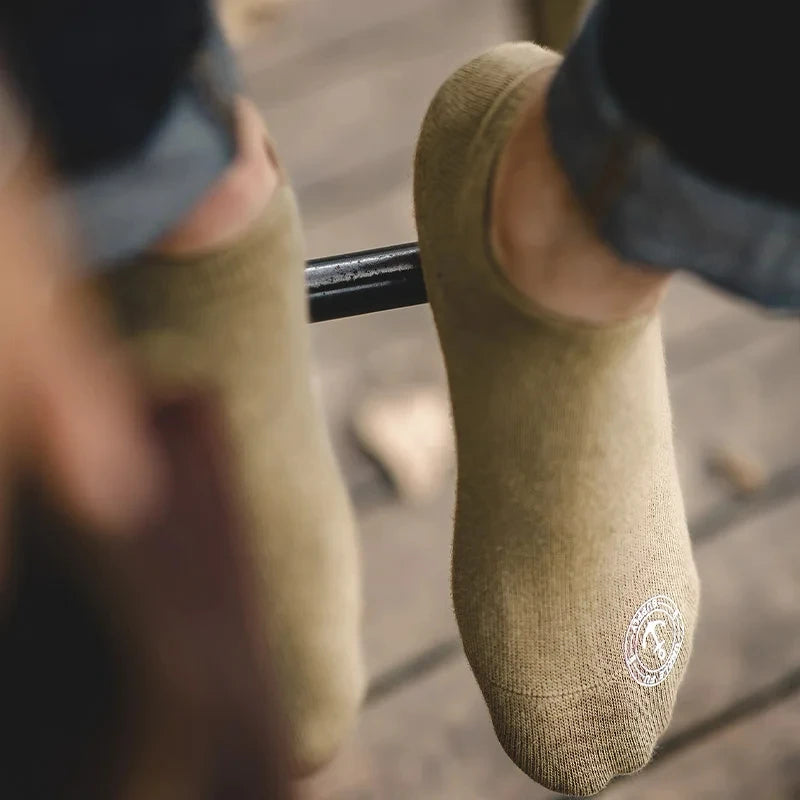 Maden Men’s 3 Pack Pair Summer Cotton Socks Boat Non-Slip Silicone Invisible Boat Socks Ankle Socks White Khaki Blue