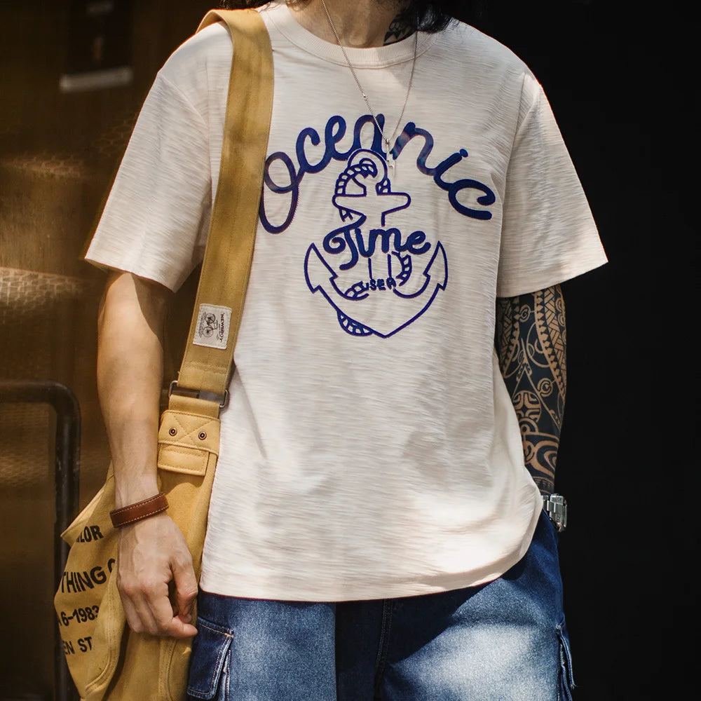 Maden Vintage Embroidered Short Sleeves T-Shirt Men's Summer Beige Slub Cotton Crew Neck Tee Heavyweight Loose Breathable Tops