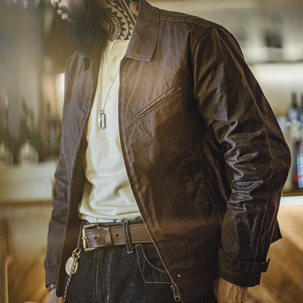 Maden Men's Vintage IV Oil Waxed Canvas Jacket Lapel Zipper Short Outerwear Classic Slim Fit for Men's Spring and Fall Jacket