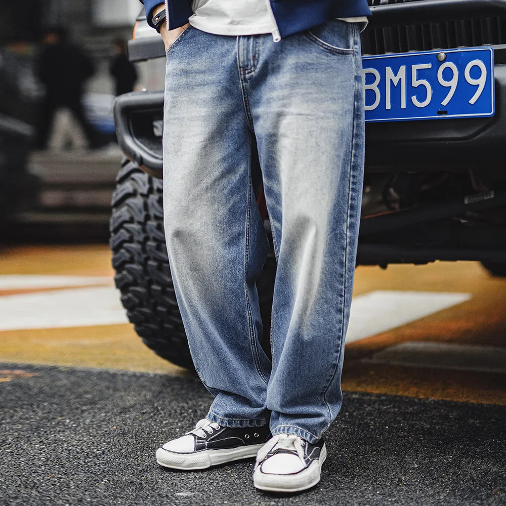 Maden Men's 12.6oz Washed Denim Jeans Large-Size Straight Cotton Jeans with Retro Cat Whiskers Jeans for Spring Versatile Pants