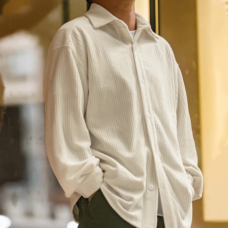 Maden Vintage Jacquard Knit Long Sleeve Shirts for Men Oversized Drop Shoulder Blouse Soft Corduroy Shirt Solid Color Jacket